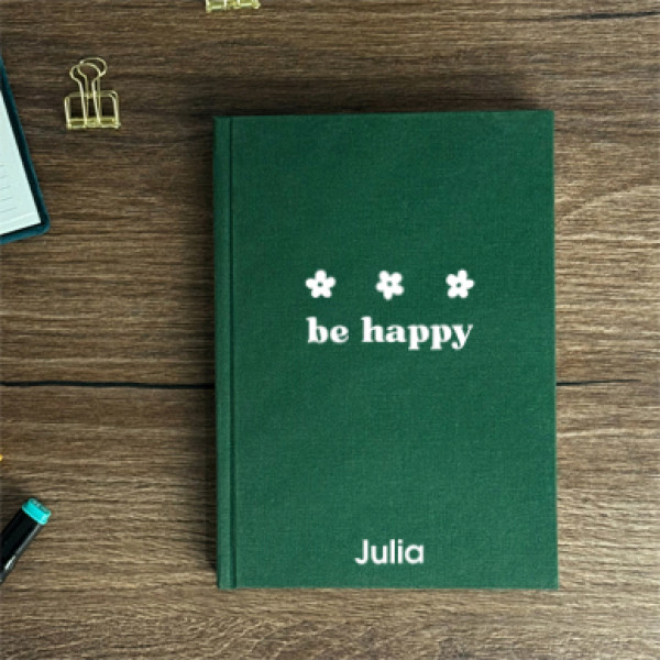 Записник з текстилю "be happy". Іменний напис на обкладинці.