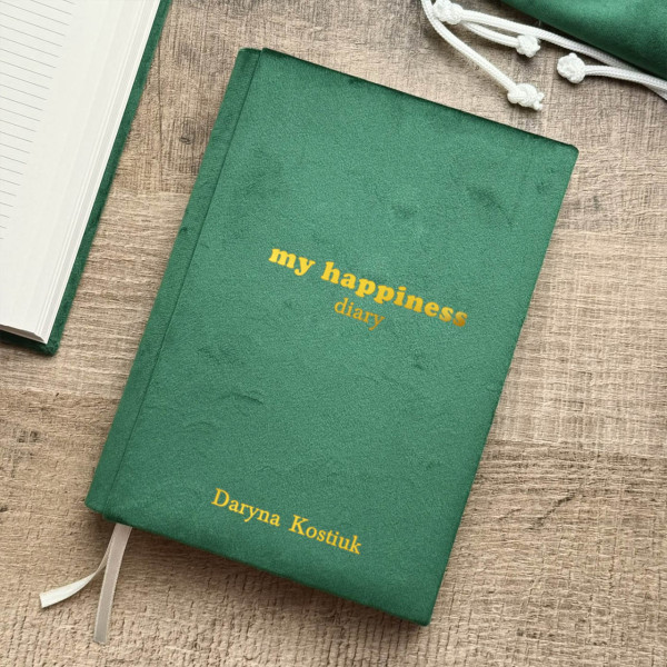 Записник з велюру "My heppiness diary". Іменний напис на обкладинці. Записник з велюру "My heppiness diary". Іменний напис на обкладинці.
